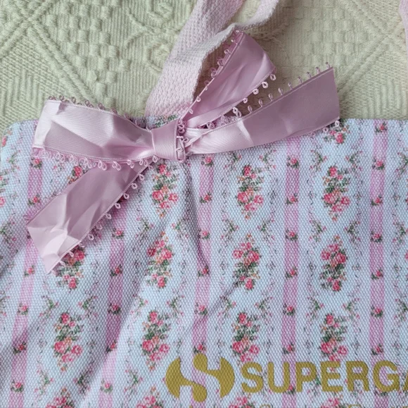 LOVESHACKFANCY X SUPERGA FLORAL BOW TOTE BAG PINK WHITE GOLD - Picture 5 of 14